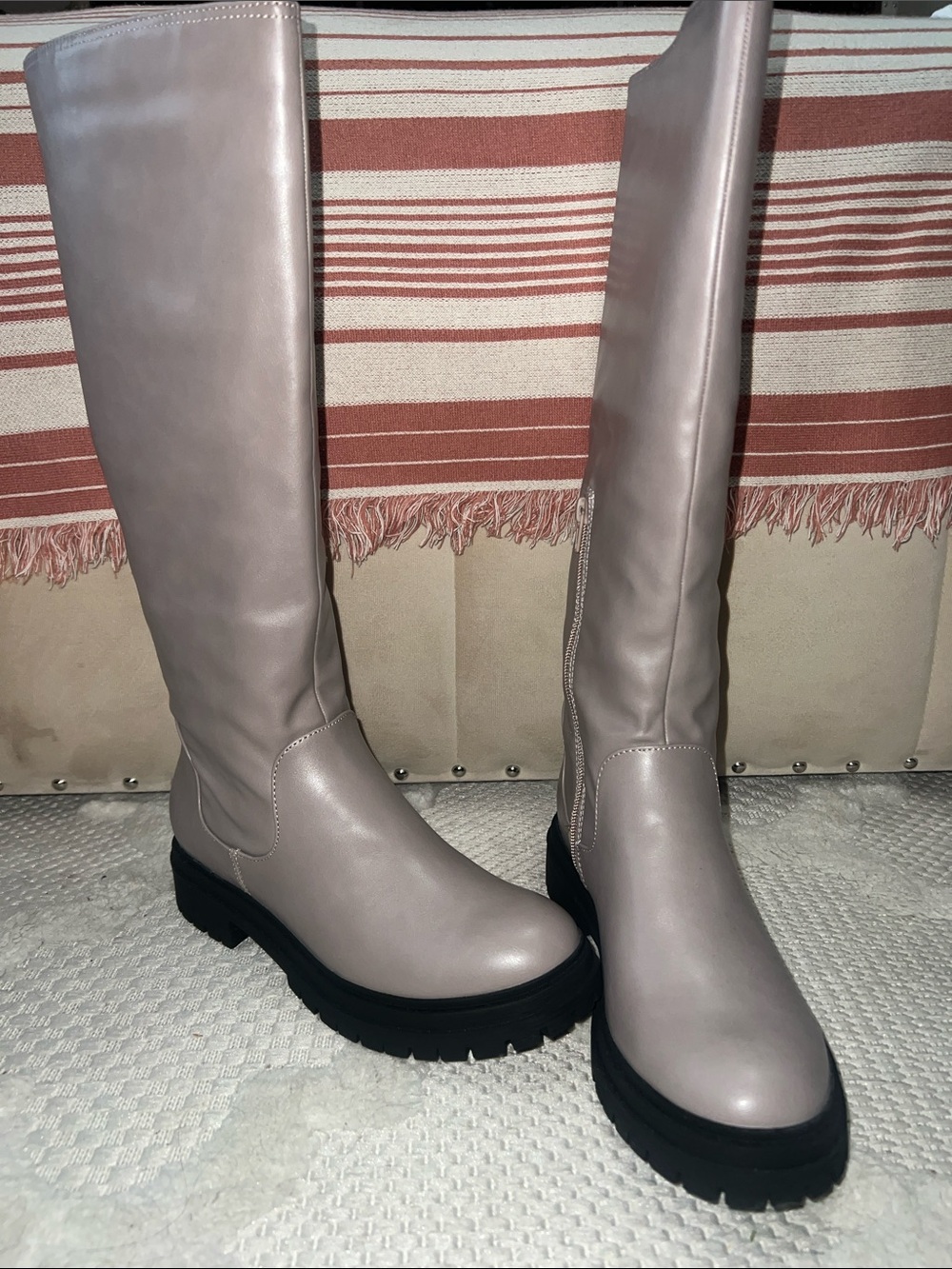 Women's Over-the-Knee Boots in Pale Taupe with Chunky Black Sole